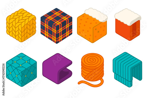 Winter Fabrics Cozy Textures flat isometric set: wool knit, flannel plaid, fleece pattern, faux fur trim, quilted stitch, velvet fold, chenille yarn, ribbed cuff.