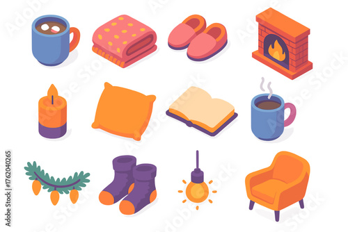 Holiday Relaxation Cozy Comfort Style flat isometric set: cup of cocoa, warm blanket, slippers, fireplace, candle, soft pillow, open book, steaming mug, pine garland, fuzzy socks,