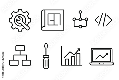 Technical Revision outline icon set: gear with wrench, blueprint, circuit board, code brackets, flowchart, screwdriver, data chart, laptop.
