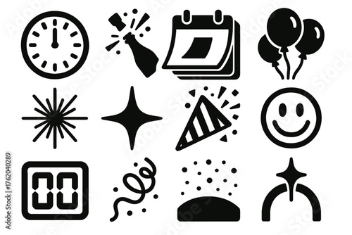 New Year Anticipation silhouette set: clock at eleven fifty-nine, champagne cork pop, calendar turning, balloon bunch, light beams, star sparkle, party popper, smiling face,
