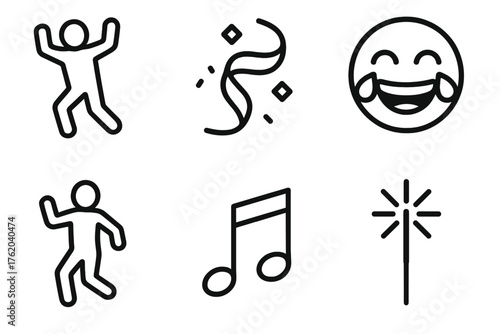 Holiday Fun outline icon set: dancing people, streamer, laughter emoji, music note, camera, sparkler.