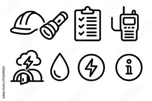 Disaster Preparedness outline icon set: safety helmet, flashlight, checklist, communication radio, storm shelter, water droplet, energy symbol, info icon.
