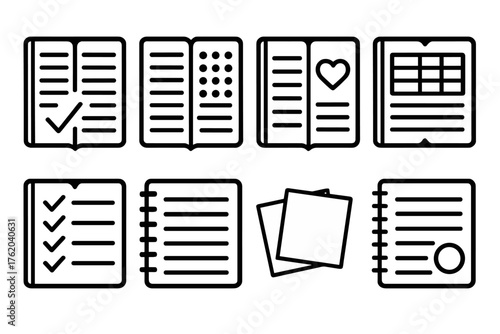 Personal Planner outline icon set: daily journal, habit tracker, wellness log, meal plan, budget sheet, gratitude list, sticky notes, reflection page.