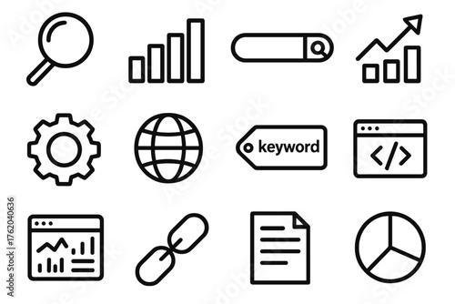 SEO Optimization outline icon set: magnifying glass, bar chart, search bar, upward arrow, gear, globe, keyword tag, code window, analytics dashboard, link icon, document, pie chart