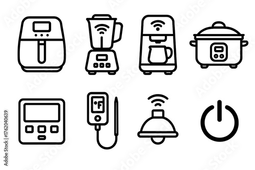 Intelligent Appliances outline icon set: air fryer, smart blender, coffee maker, slow cooker, touchscreen control panel, temperature probe, kitchen light, power icon.