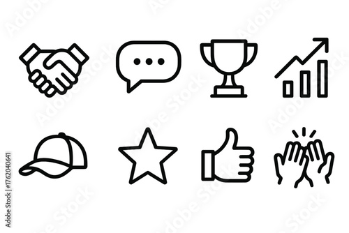 Mentorship & Motivation outline icon set: handshake, trophy, speech bubble, rising arrow, coach hat, star symbol, encouragement thumbs-up, high five.