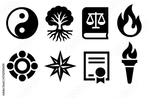 Principles silhouette set: yin-yang, tree roots, law book, flame, circle of people, compass rose, certificate, torch.