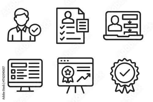 Corporate Course Enrollment outline icon set: employee training registration, skill development form, HR approval workflow, learning module list, certification tracker icon,