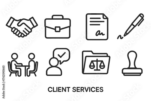 Client Services outline icon set: handshake, briefcase, legal contract, pen signature, consultation desk, advice icon, folder with law symbol, approval stamp.