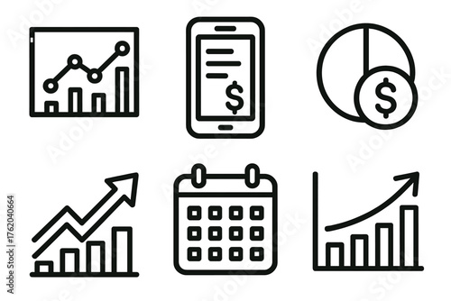 Financial Insights outline icon set: analytics chart, expense tracker, budget pie, growth arrow, calendar icon, investment graph.