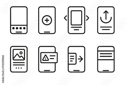Mobile UI Patterns outline icon set: bottom navigation bar, floating action button, swipeable carousel, pull-to-refresh icon, onboarding screens, in-app alert banner, gesture-based
