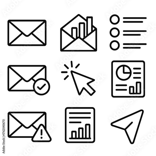 Email Marketing outline icon set: envelope, open rate chart, click-through cursor, subscriber list, delivery checkmark, bounce alert, campaign report, send icon.