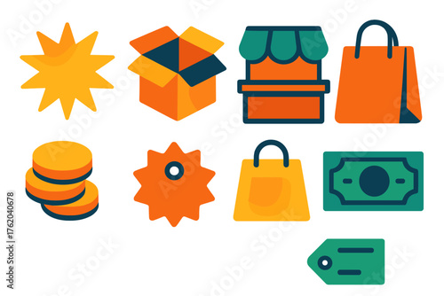 Sale flat icons: starburst sale icon, shopping box, store counter, open bag, coins, special offer tag, order slip, banknote.