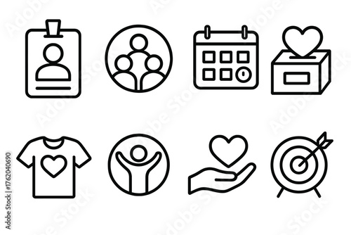 Community Service outline icon set: volunteer ID, teamwork symbol, event schedule, charity box, t-shirt icon, organization logo, support heart, goal chart.