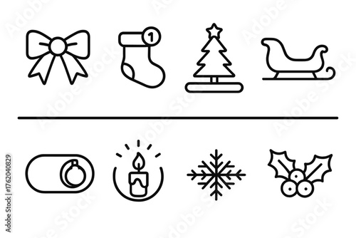 Christmas Dashboard Set outline icon set: red ribbon button, stocking notification, tree progress bar, sleigh icon, ornament toggle, candle loader, snowflake divider, holly badge.