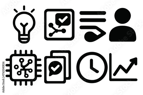 Curated Content silhouette set: light bulb, AI recommendation, playlist symbol, user profile, algorithm chip, suggestion cards, watch later icon, graph lines.