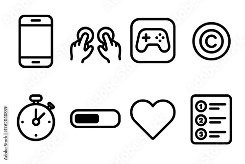 Mobile Gaming outline icon set: smartphone, touch controls, game app icon, coin symbol, timer, progress bar, heart lives, leaderboard.