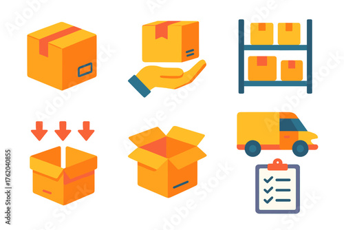 Fulfillment flat icons: sealed box, hand receiving package, shipping label, shelves with goods, distribution arrows, delivery van, open crate, checklist.