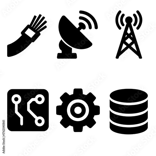 Infrastructure bandwidth silhouette set: fiber cable, satellite, tower, circuit board, gear, database stack.