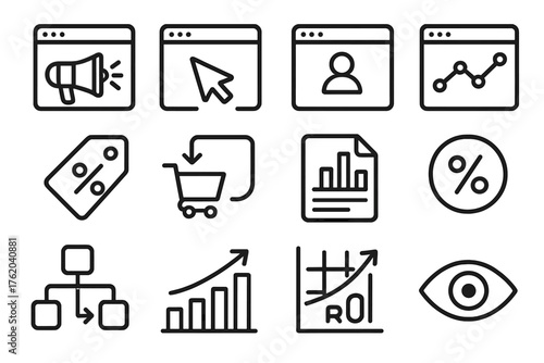 Marketing E-Commerce Analytics outline icon set: ad campaign, click icon, social post, engagement chart, promo tag, conversion arrow, report file, percentage icon, data flow,