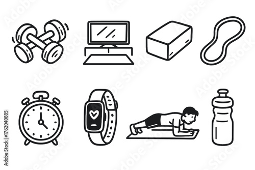 Home Workouts set of icons in doodle hand-drawn vector style: dumbbell pair, workout space, yoga block, resistance loop, timer clock, fitness tracker, plank pose, water bottle.