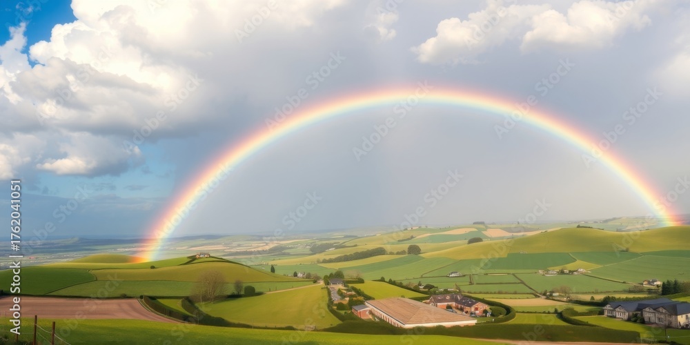 Obraz premium Vibrant Rainbow Arcing Over Green Rolling Hills and Farmhouses Under Blue Sky with Cloudy Background