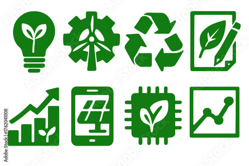 Eco Innovation silhouette set: green lightbulb icon, renewable energy gear, recycling loop badge, sustainable design sketch, eco startup graph, clean tech device, nature-meets-tech