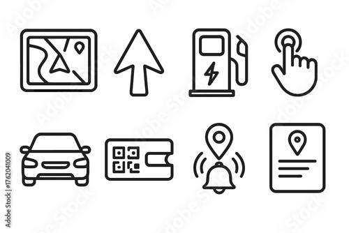 Smart Travel Apps outline icon set: GPS screen, direction arrow, charging station, ride request button, vehicle icon, digital pass, location alert, trip summary.