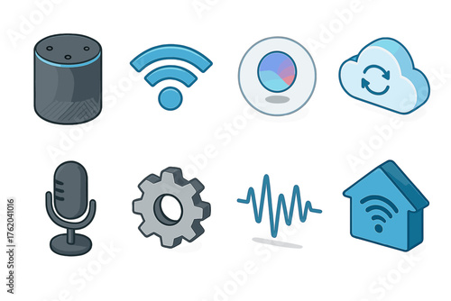 Smart Speakerphone set icons in modern isometric flat vector style: smart speaker, Wi-Fi signal, virtual assistant icon, cloud sync, command microphone, settings gear, voice wave,