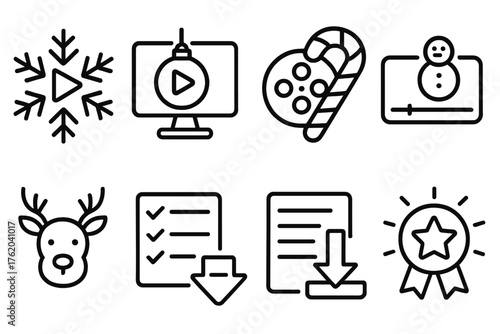 Festive On-Demand Content outline icon set: snowflake play icon, ornament screen, candy cane video reel, frosty progress bar, reindeer playlist, glowing episode list, holiday