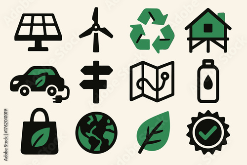 Sustainable Eco Tourism silhouette set: solar panel, wind turbine, recycle symbol, eco lodge, electric car, trail sign, map, refill bottle, reusable bag, globe, green leaf,