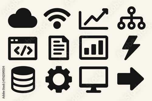 Data Streams silhouette set: cloud, Wi-Fi signal, graph, flow line, code window, document, chart, lightning bolt, database, gear, monitor, arrow.