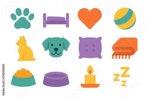 Pet Wellbeing flat icons: paw print, bed icon, heart symbol, toy ball, cat silhouette, dog face, pillow, blanket, food bowl, water dish, candle, nap icon.