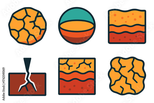 Crust flat icons: cracked stone, plate edge, earth layers diagram, baked surface, ground fracture, surface texture.