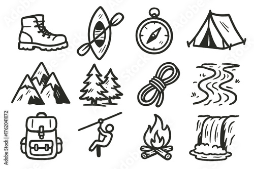 Adventure Tourist Activities set of icons in doodle hand-drawn vector style: hiking boot, kayak, compass, tent, mountain peak, forest, climbing rope, river, backpack, zipline,