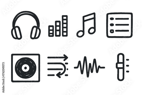 Music Platforms set of icons in doodle hand-drawn vector style: headphones, equalizer bars, musical note, playlist icon, album cover, play queue, sound wave, volume slider.