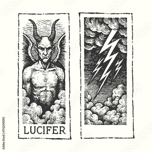 Vintage Lucifer illustration with thunder and clouds, perfect for dark art prints, gothic posters, and fantasy design concepts.