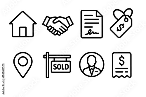 Property Sales outline icon set: house icon, handshake deal, contract document, price tag, location pin, sold sign, agent badge, payment receipt.