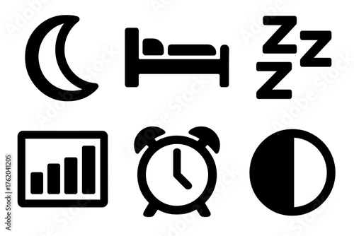 Sleep Analysis silhouette set: moon icon, bed symbol, ZZZ lines, graph chart, alarm clock, night mode.