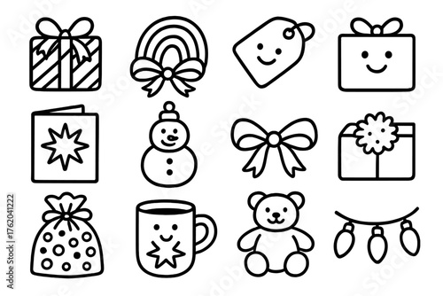 Whimsical Gift Guides outline icon set: candy cane gift, rainbow ribbon, playful tag, smiling box, starburst card, snowman ornament, doodle bow, pompom wrap, confetti bag, festive