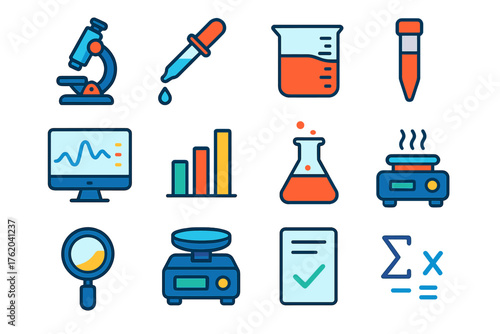 Analytical Procedures flat icons: digital microscope, pipette tip, beaker, centrifuge tube, data display, bar graph, chemical flask, thermal plate, magnifier, lab balance, results