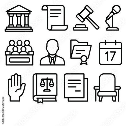 Legal Proceedings outline icon set: courthouse steps, law scroll, gavel block, testimony mic, jury box, attorney icon, legal file, calendar date, oath hand, law book, document