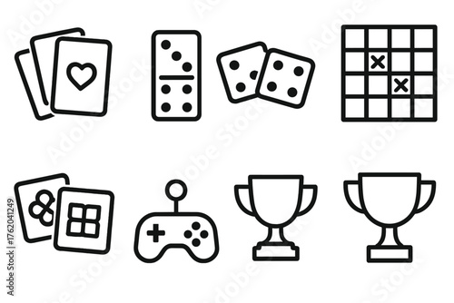 Game Pattern Match outline icon set: playing cards, domino tiles, dice, crossword puzzle, matching tiles, memory cards, joystick, trophy.