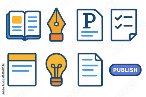 Content Writing flat icons: open notebook, pen nib, paragraph text, checklist paper, headline banner, idea bulb, draft document, publish button.