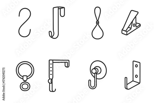 Winter Wreath Hardware outline icon set: iron hook, brass hanger, twine loop, clip-on mount, magnetic wreath holder, adjustable arm, suction hook, wall bracket.
