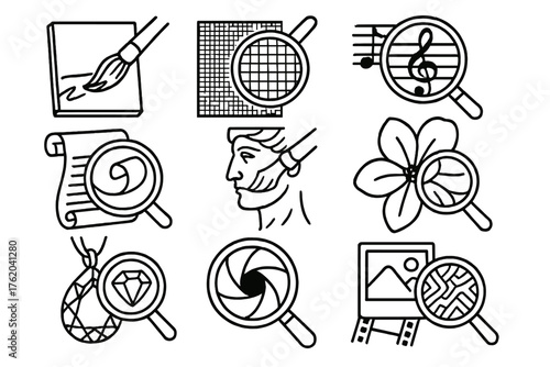 Deep Dive Creative outline icon set: artist brush detail, close-up of canvas, fabric weave, musical note enlarged, story scroll zoom, sculptor chisel detail, flower petal close-up,
