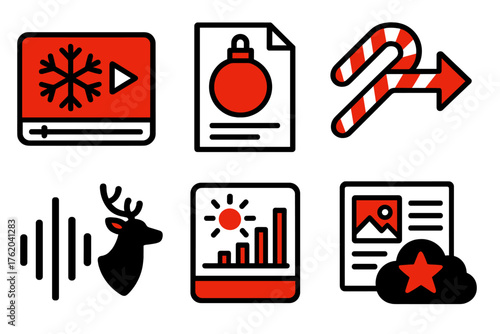 Festive Digital Content silhouette set: snowflake video icon, ornament document, candy cane share arrow, frosty image gallery, reindeer audio wave, glowing infographic, holiday