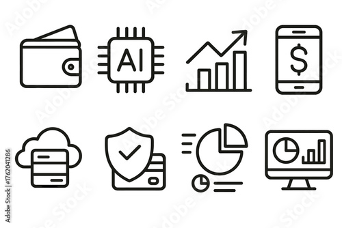 Smart Finance outline icon set: digital wallet, AI chip, financial graph, mobile banking app, cloud data icon, secure transaction, smart budgeting chart, analytics dashboard.