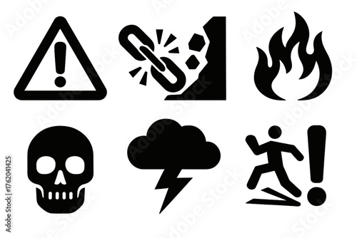 Risk silhouette set: warning triangle, broken chain, falling rock, fire, skull, storm cloud, slippery floor, exclamation mark.