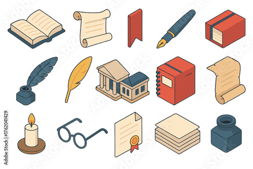 Literary Epilogue set icons in modern isometric flat vector style: open book, scroll, bookmark, pen, quill, feather, library, notebook, candle, glasses, document, parchment, ribbon